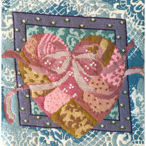 Finished Needlepoint Canvas Panel Heart Ribbons Love 1980s Retro Valentines Day